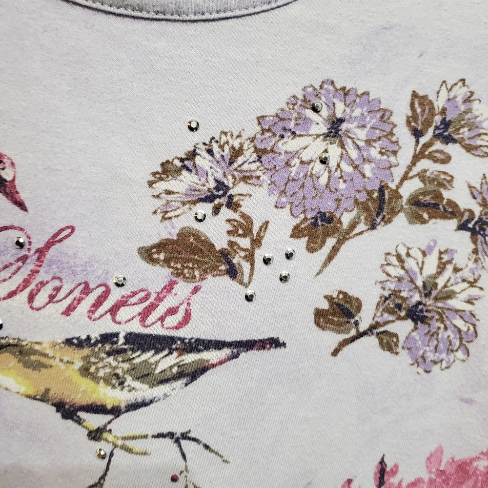 Basic Editions Purple T-Shirt Top with Birds & Flowers - Picture 7 of 16
